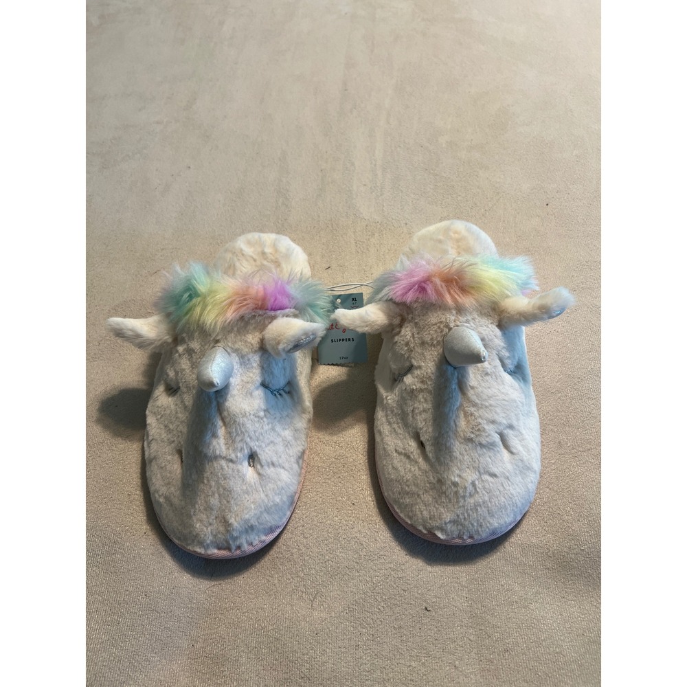 Cat & Jack Kids Girls Women Unicorn Slippers White Rainbow Faux Fur XL 6/7 NWT